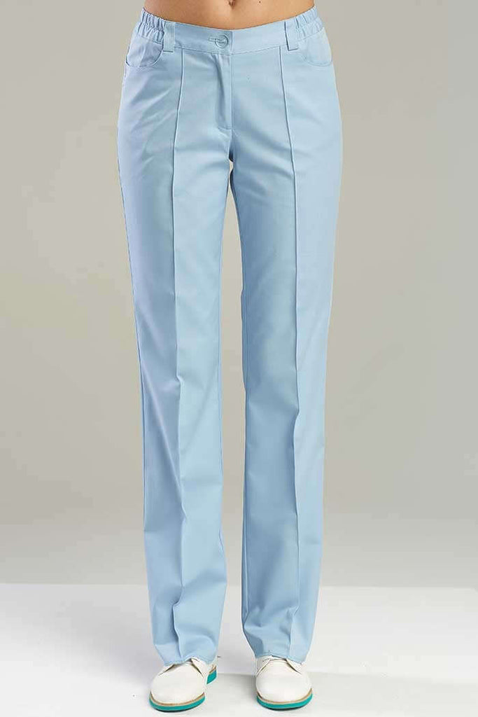 Dámské rovné zdravotnické kalhoty bledě modré pohled ze předu. Medireina zdravotnické oblečení. 