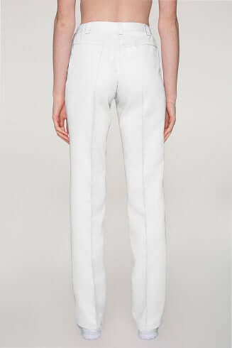 Klasické bílé dámské zdravotnické kalhoty rovného střihu, vhodné pro zdravotní sestry i lékaře. Medireina zdravotnické oděvy