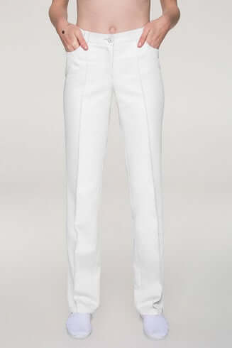 Bílé zdravotnické kalhoty od Medireina zdravotnické oděvy. Dámské zdravotnické kalhoty vhodné pro lékaře i sestřičky. 